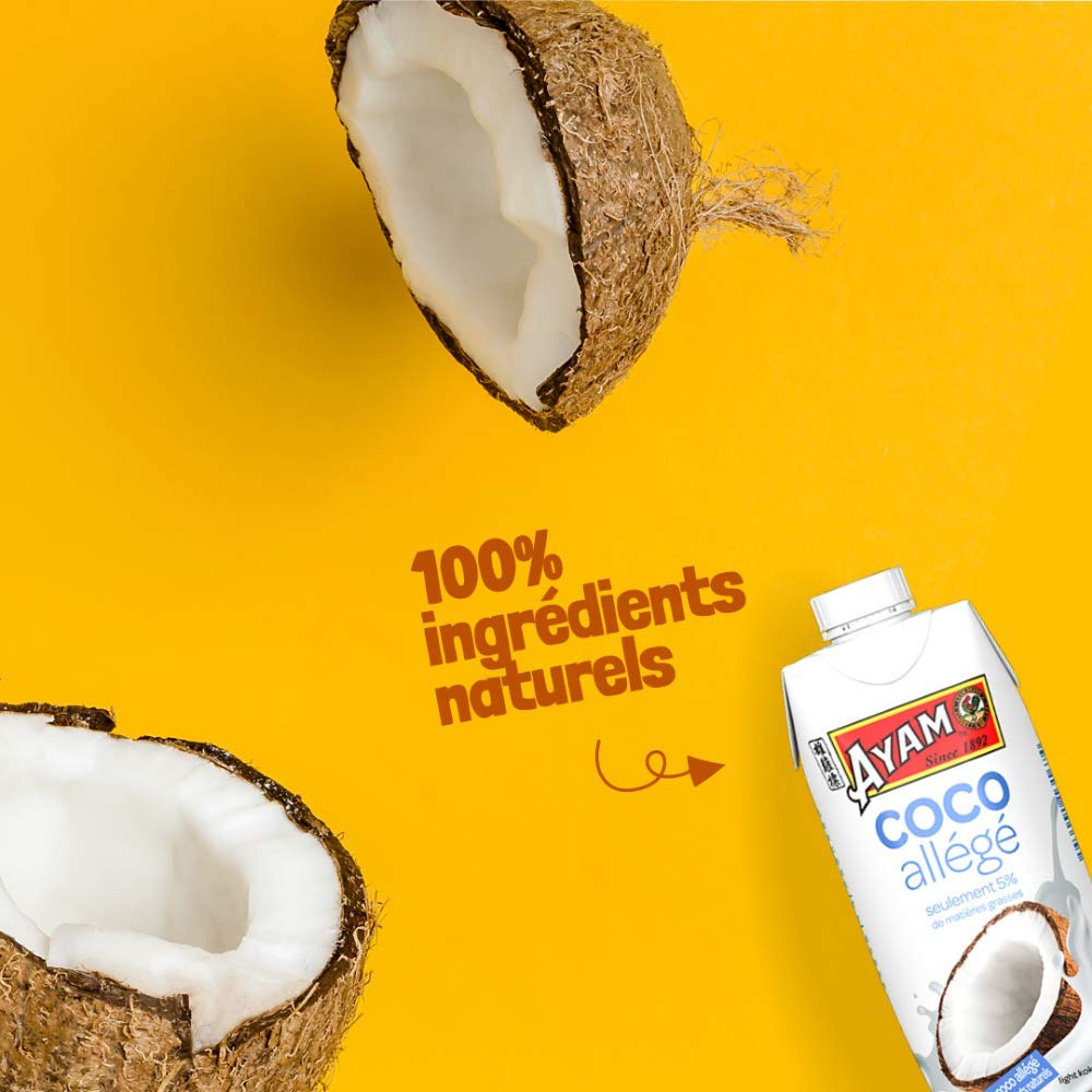 AYAM Lait de Coco allégé | 100% Ingrédients Naturels | 99% de coco | -75% de matières grasses* | Boosté en eau de coco | Sans Lactose | Sans Gluten | Pack pratique - 330ml