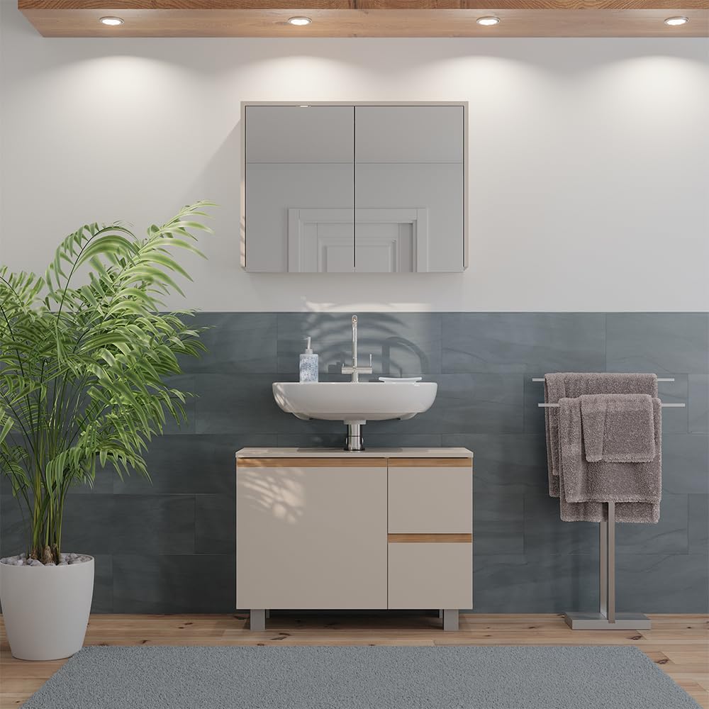 Vicco Set di mobili da bagno J-Shape, Cashmere/Artigianale, 80 cm | composto da specchio da bagno e mobile sottolavabo