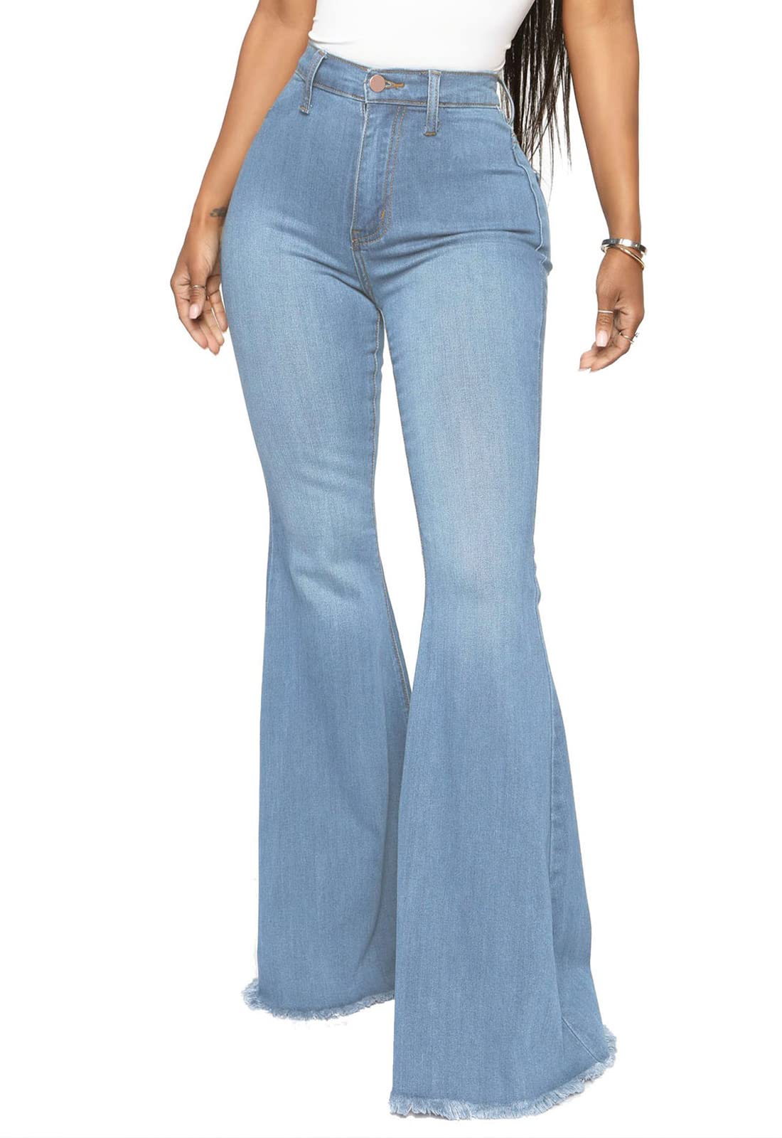 Women's Ripped Jeans Bell Bottom Flare Jeans Mid Rise Destroyed Hem Denim Pants