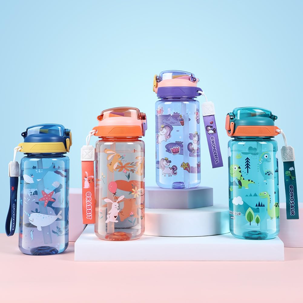 Flintronic 600ML Gourde Enfant avec Paille, Bouteille Enfant avec Poignée, Anti-Fuite, sans BPA Tritan pour l'école Sport (Vert-Dinosaures)