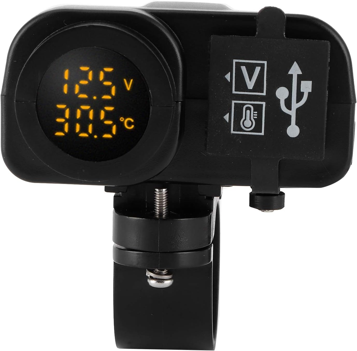 Dioche Gniazdo Motocyklowe Motocykl Podwójny Woltomierz USB Wielofunkcyjny Miernik Temperatury z osłoną, Odpowiedni do Motocykli 12–24 V, Szybkie ładowanie 2 urządzeń Jednocześnie