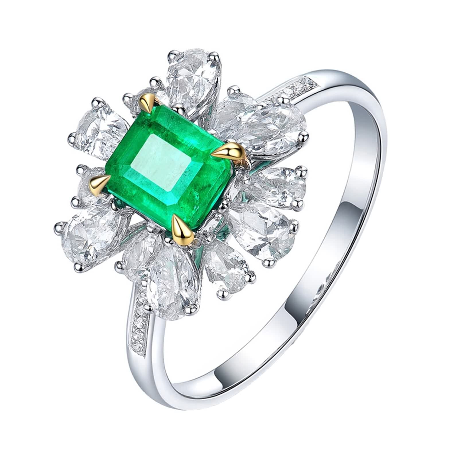Anillos Mujer Plata Compromiso, Anillo Mujer Noviazgo Cuadrado de 4 Garras con Incrustaciones de Forma de Flor Esmeralda