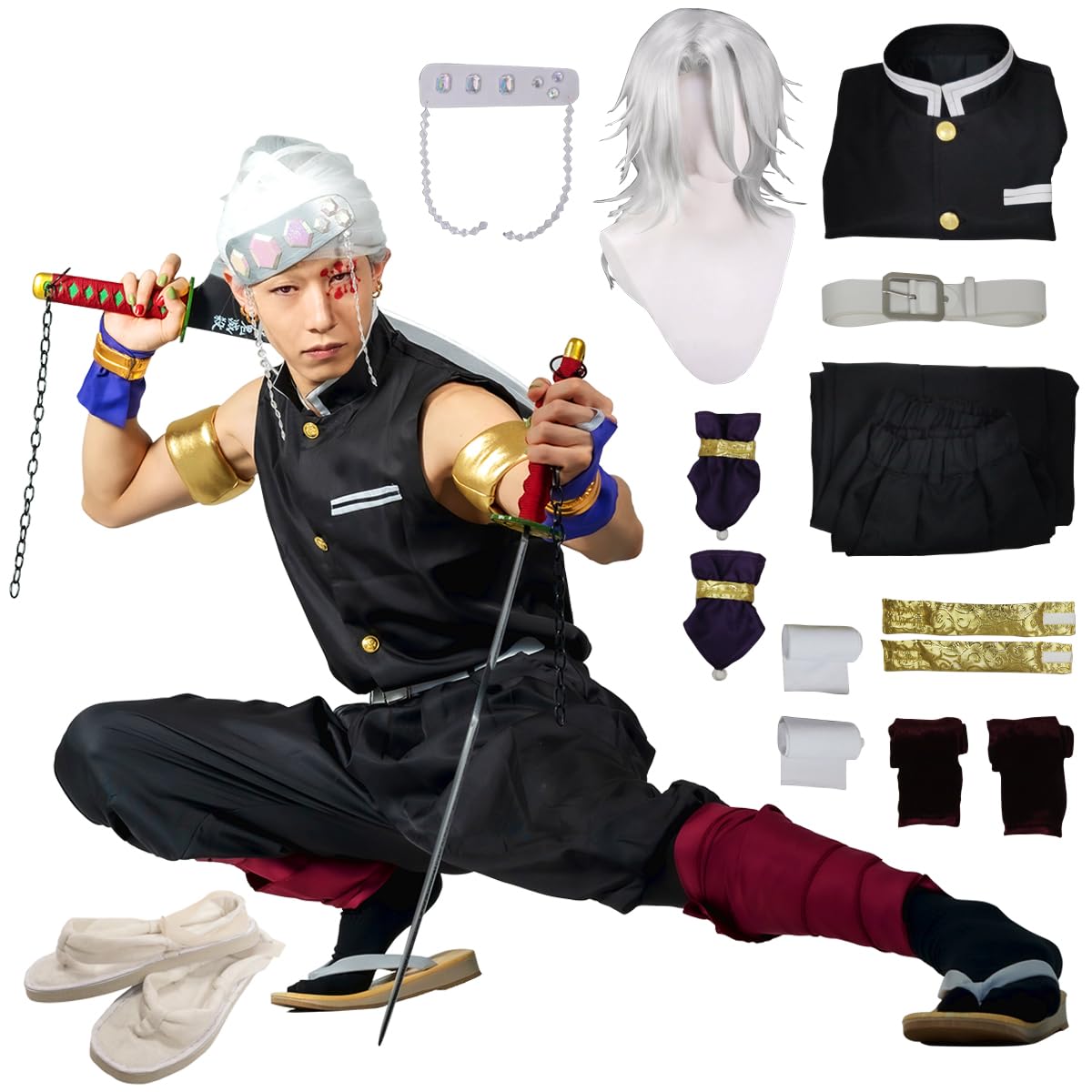 OURUEPY Full Set Men Anime Cosplay Costume For TenGen Party Role Costume Kimono Outfit Including Shoes Wig Sword (XL)
