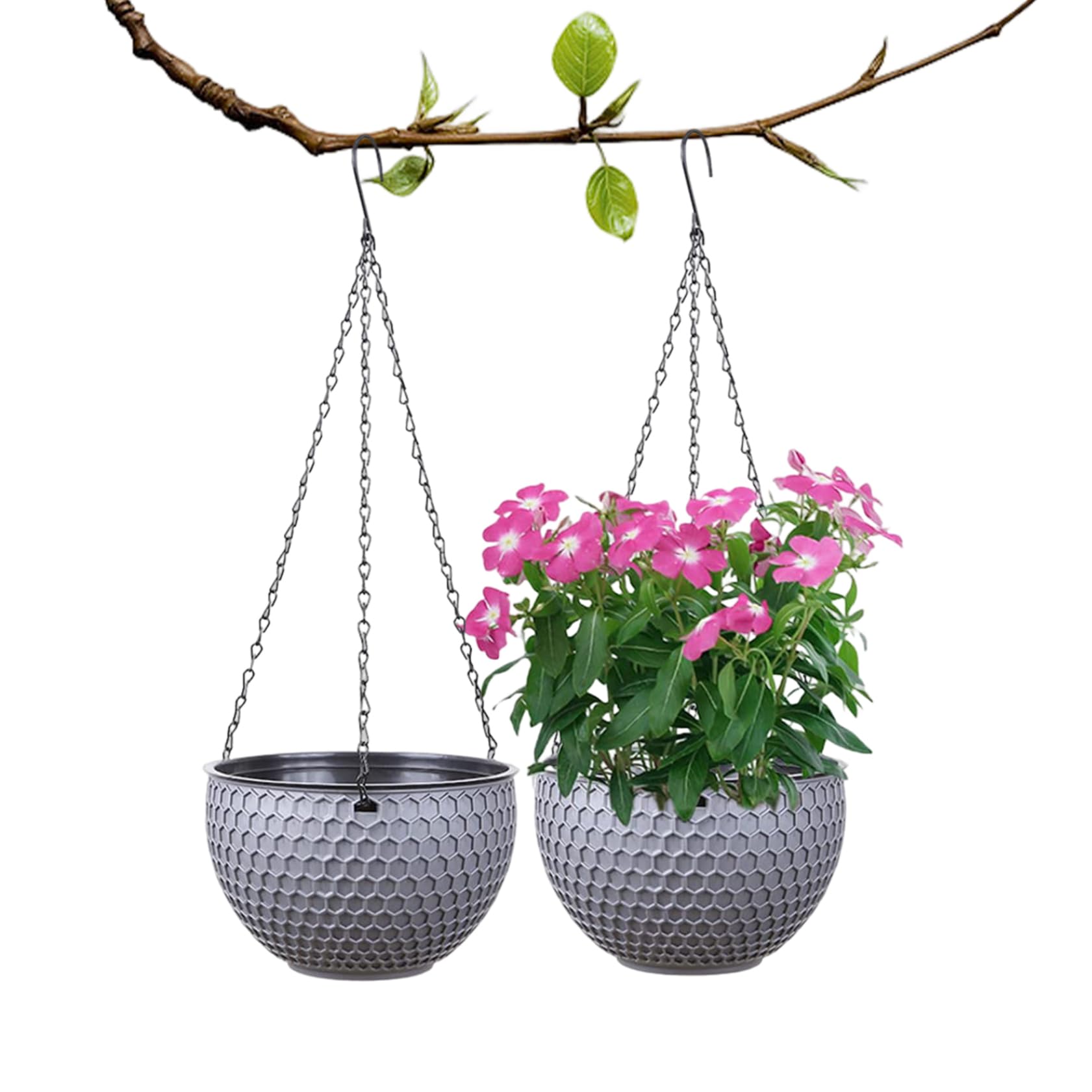 Hperu 2Pcs Self Watering Hanging Flower Pots, Hanging Plant Pots with Drainage Hole Honeycomb Basket Grey(S)