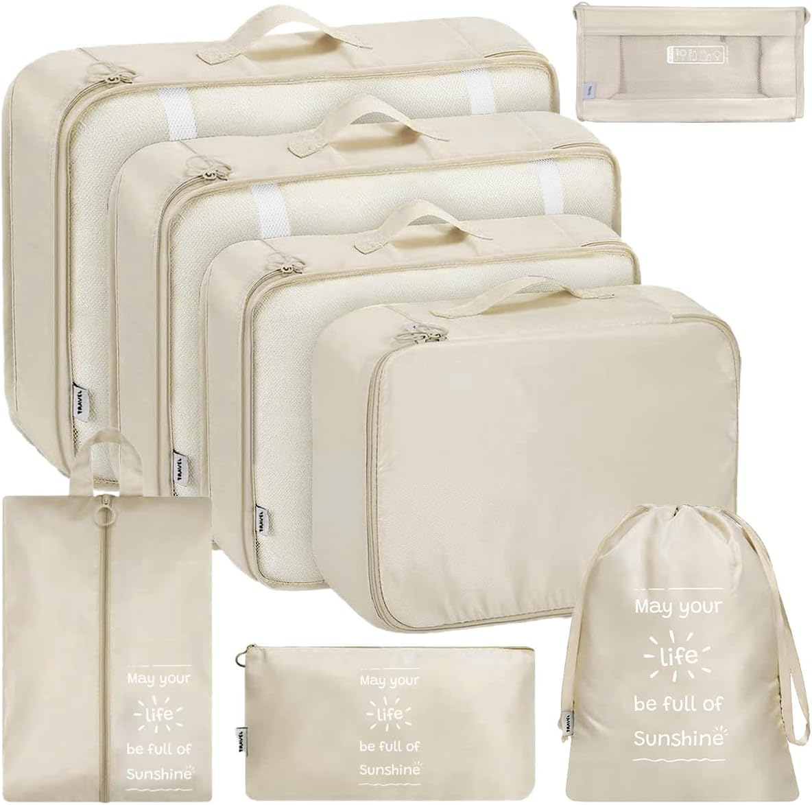 Shadcoler Organizer Valigia, 8 Pezzi Organizer Valigia Salvaspazio, Organizer Viaggio, Packing Cubes per Cosmetici, Abbigliamento Intimo, Vestiti, Borse, Scarpe, Viaggio Accessori Utili (Beige)
