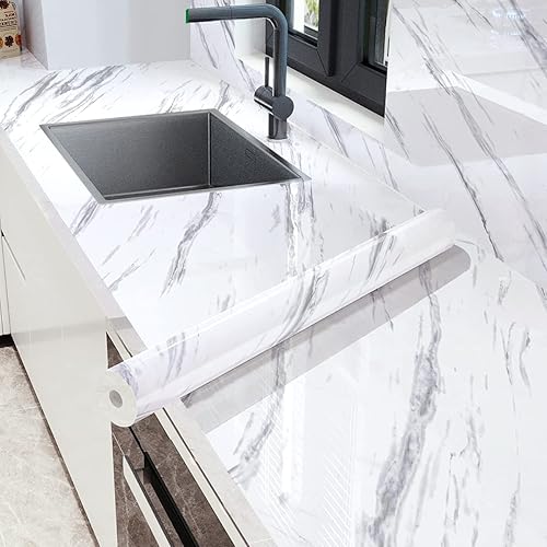 Erfoni Papel tapiz adhesivo de mármol gris y blanco, papel tapiz de granito, despegar y pegar para encimera, 11.8 x 78.7 pulgadas, papel de pared