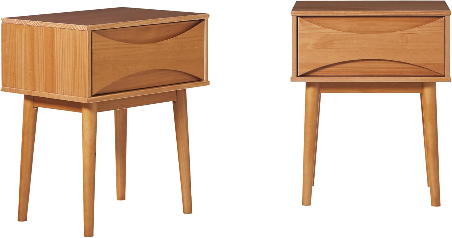 Walker Edison Mid-Century Modern Solid Wood Retro 1-Drawer Nightstand, 25 Inch, Set of 2, Caramel