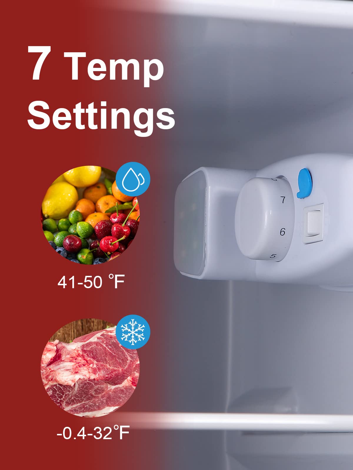 Krib Bling 3.5 Cu.Ft Refrigerator With Freezer Double Door 7 Level Adjustable Thermostat For Dorm, Bar, Office,Kitchen, Apartment Red on Fridge.com - View 5
