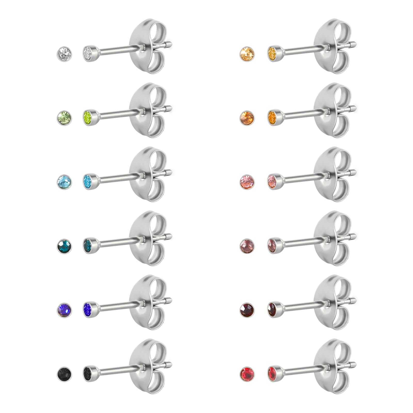 12 Pairs Surgical Stainless Steel Cubic Zirconia Birthstone Stud Earrings Heart Star Round Multicolors Stud Earrings Set for Women