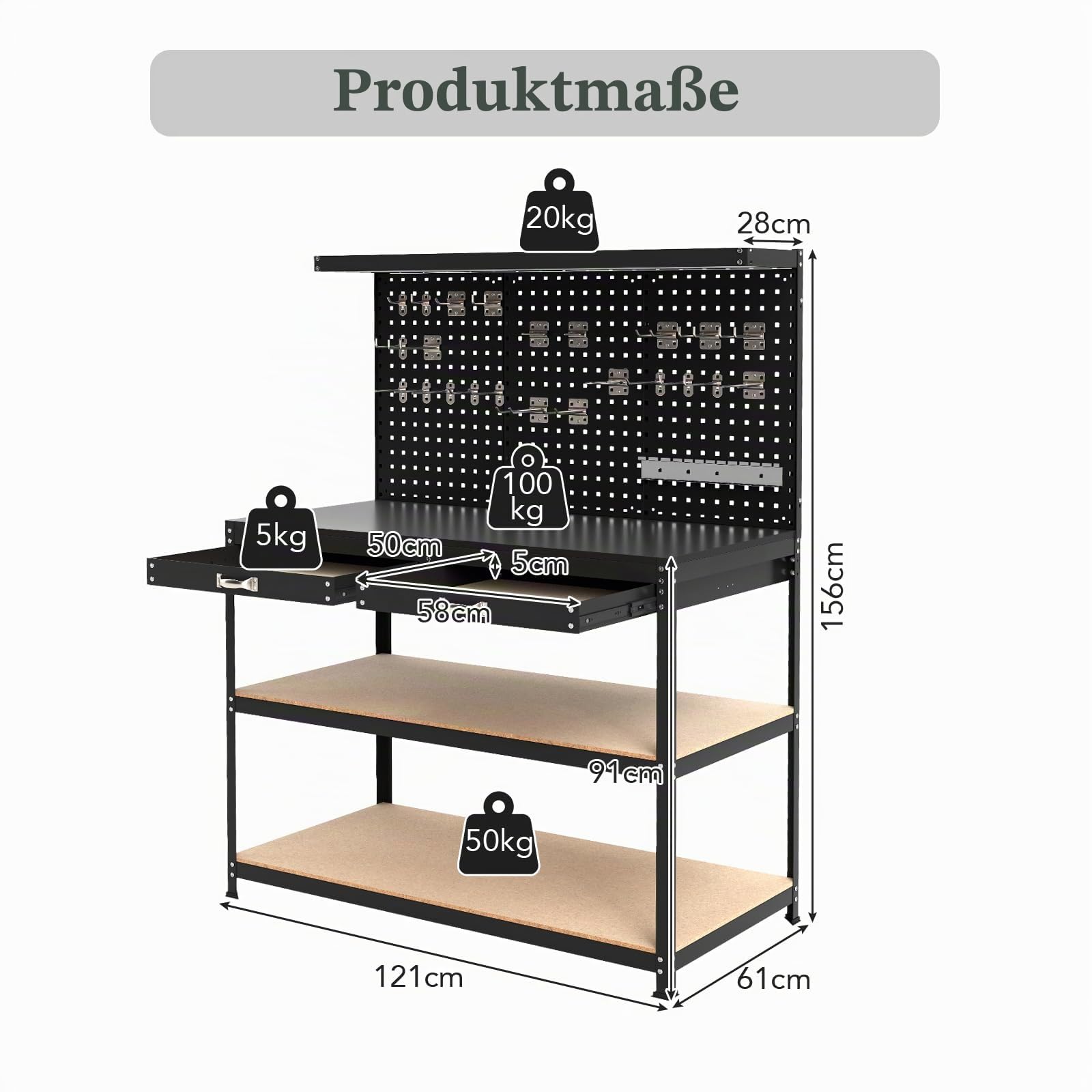 SOARS Werkbank mit Lochwänden, Werkzeugbank Metall mit 3 offenen Regalen & Zubehörteilen zum Aufhängen für Garage, Werkstatt (Schwarz, 121 x 61 x 156 cm)