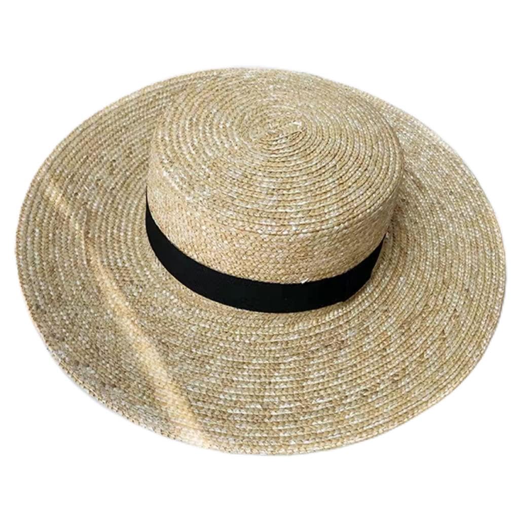 Cappello di Paglia di Grano Naturale da Donna Cravatta a Nastro Cappello da Barca a Tesa da 9 cm Cappello da Spiaggia Cappello da Sole Cappellino Estivo da Donna a Tesa Larga