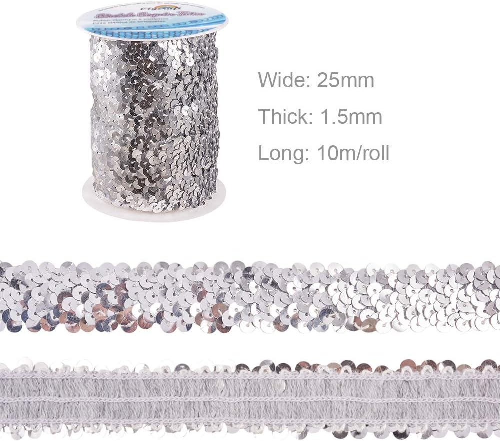 OLYCRAFT 11-Yard 1 Inch Elastic Sequin Trim Metallic Silver Stretch Sequin Trim 3-Row Fabric Paillette Ribbon Trim for Dress Embellish and Headband : Everything Else