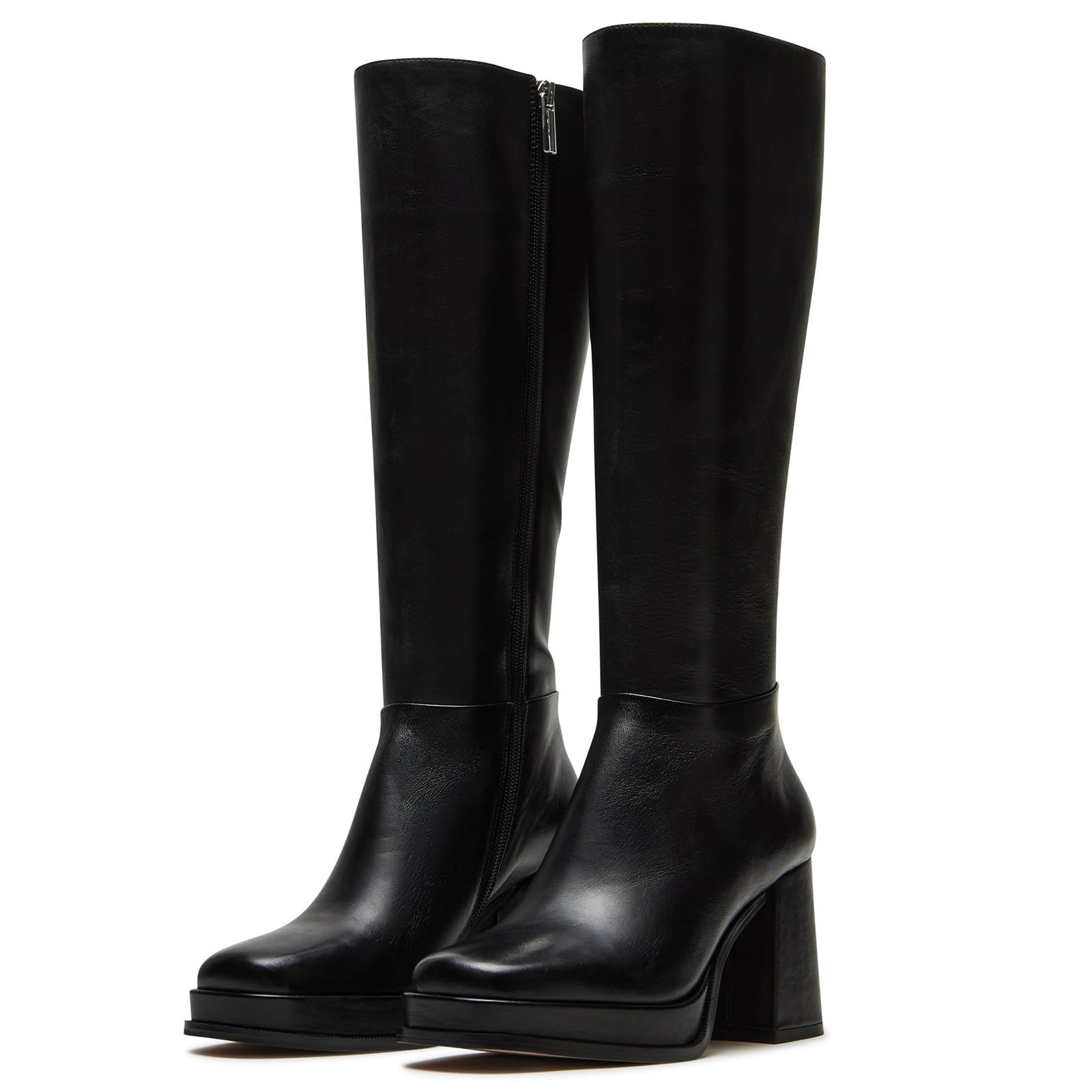 Kitten Heel Knee High Boots Women-Pointed Toe Faux Leather Stiletto Side Zipper Long Tall Dress Boot