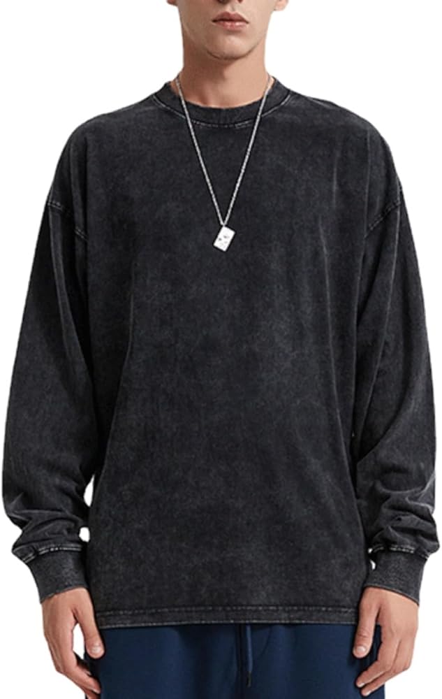 Men's Heavy Cotton Long Sleeve T-Shirt Wash Solid Oversized