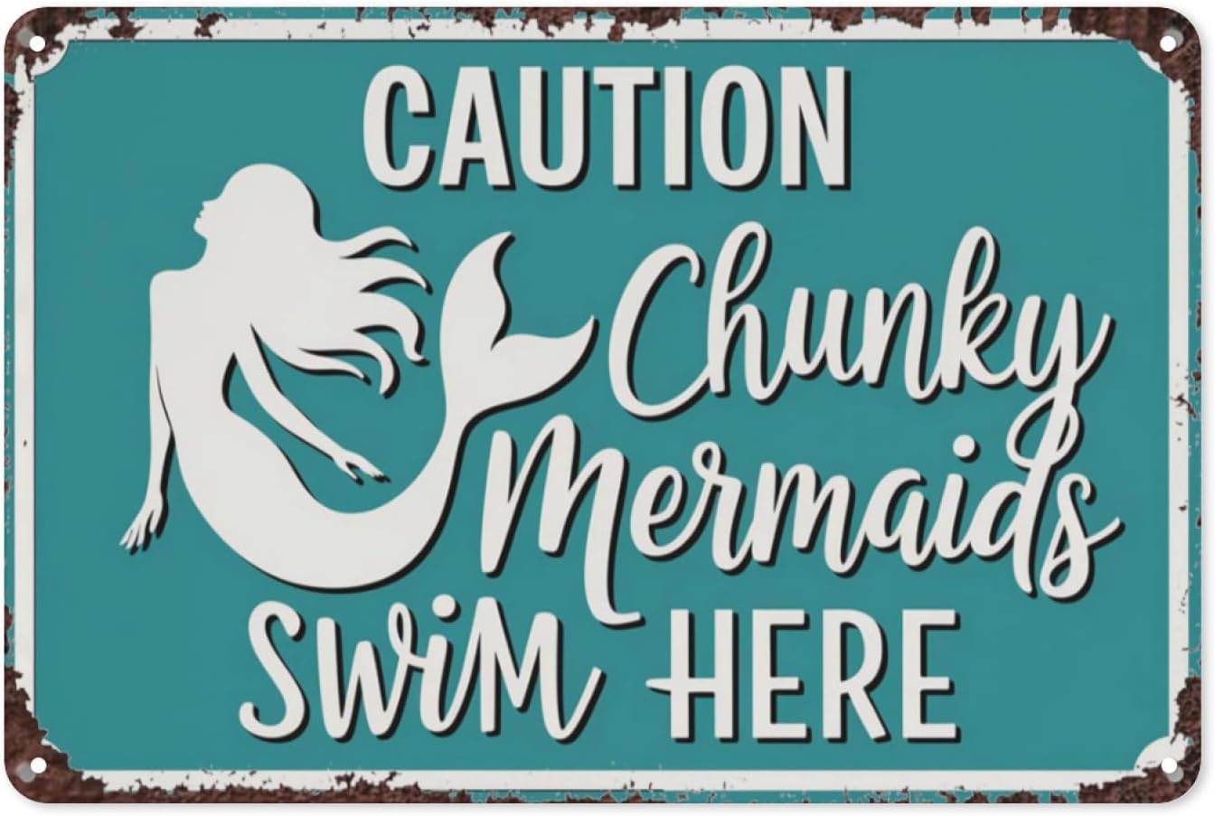 SMAZDFXX Chunky Mermaids Swim Here Retro Tin Sign, Vintage Metal Decor for Bathroom Poolside Beach Theme, Fun Whimsical Mermaid Art Poster 12"x16"