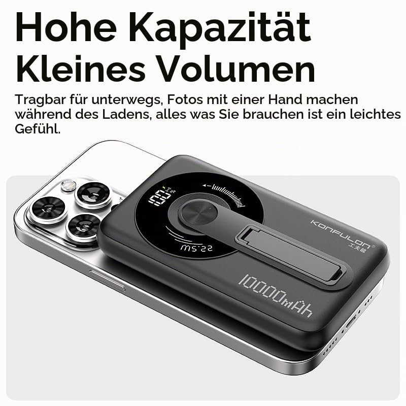 KONFULON Powerbank für Magsafe 10000mAh, 15W Qi Wireless & 22.5W USB-C Fast Charging, Ultra-Kompakt 1.5cm Slim Design, Magnetische Schnelllade-Powerbank für jedes Smartphone S