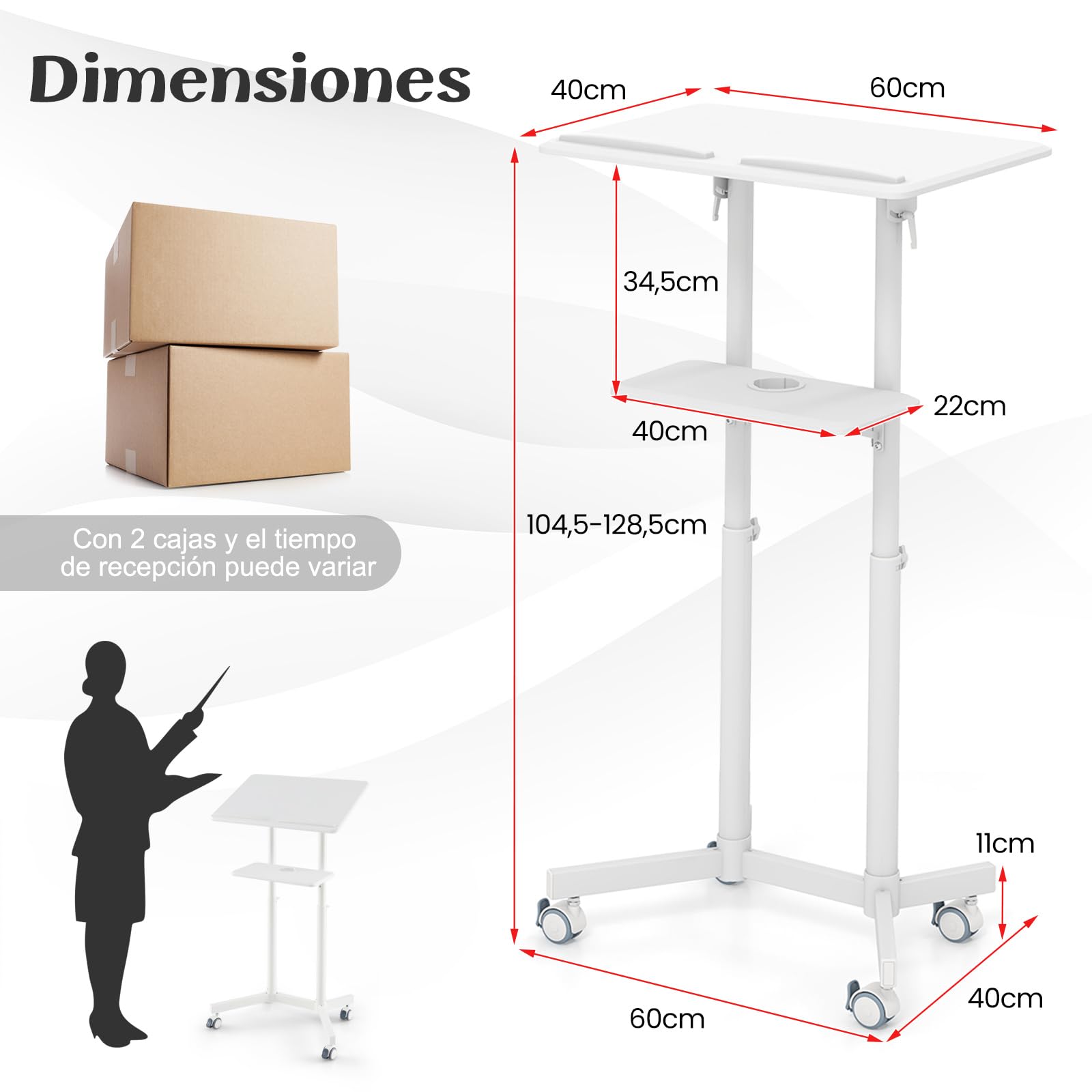 COSTWAY Atril Móvil con 4 Ruedas, Soporte de Podio con Tablero Inclinable, Estante de Almacenaje con Portavasos, Ajustable en Altura Flexibe104,5-128,5 cm, Soporte Para Aula, Iglesia, Oficina (blanco)