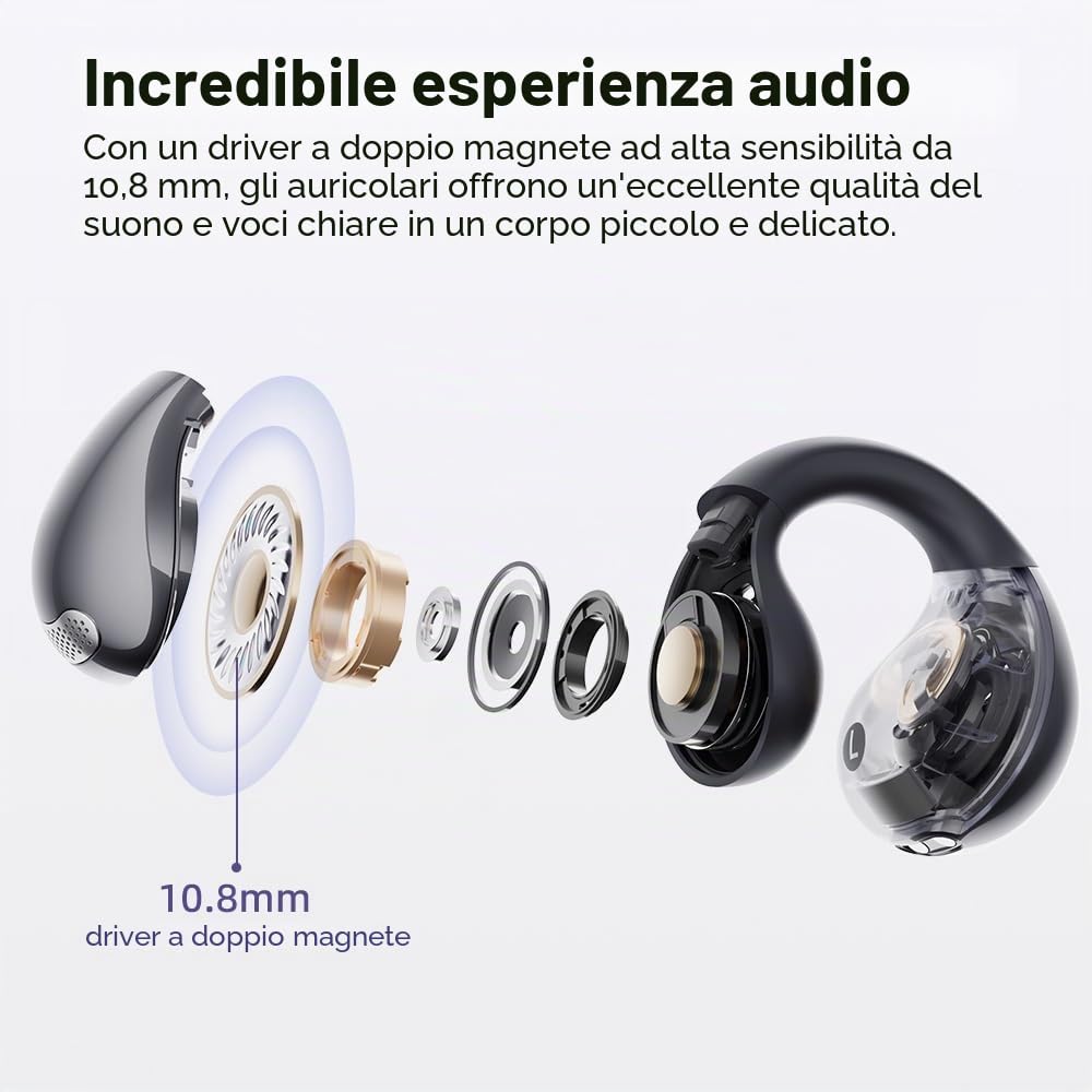 QCY Crossky C30 Cuffie Open-ear, Auricolari Clip Wireless Bluetooth 5.4, Suono Nitido, Chiamate ENC, Doppia Connessione, IPX5 impermeabili, Leggerezza e Comfort