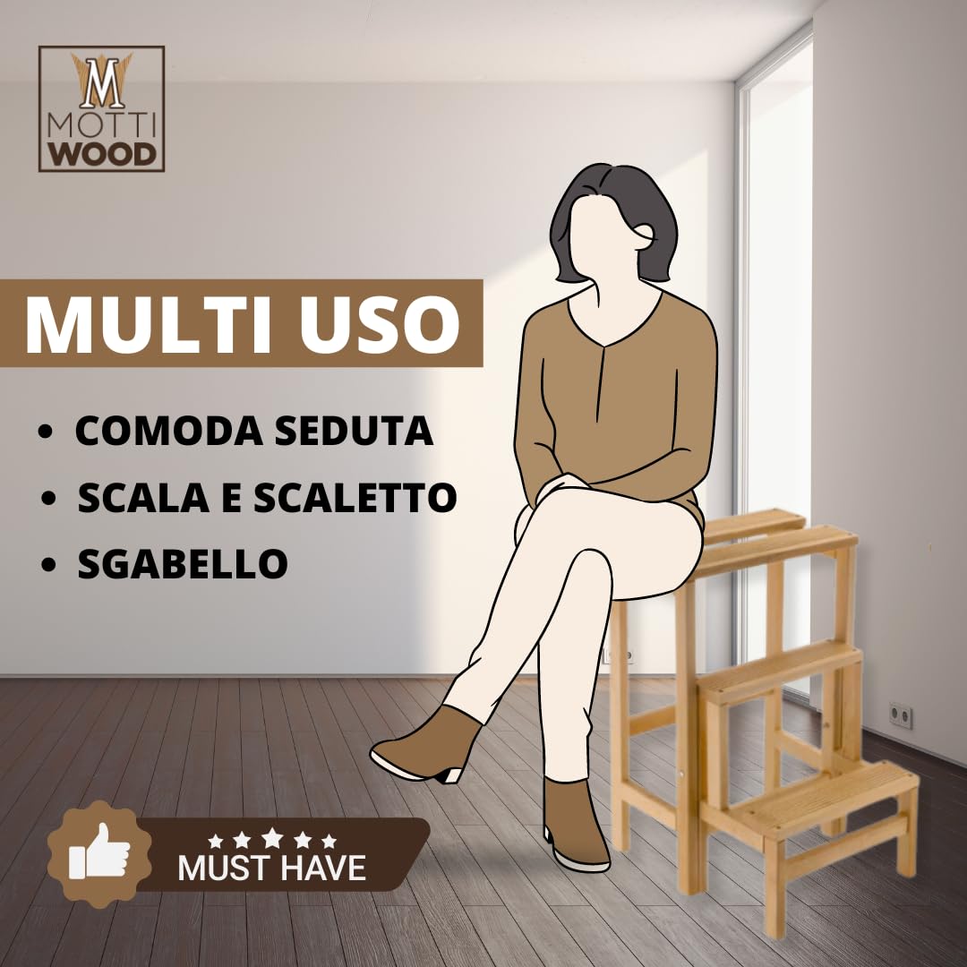 Sgabello scala in legno di faggio naturale richiudibile salvaspazio - scaletta 3 gradini a ribalta