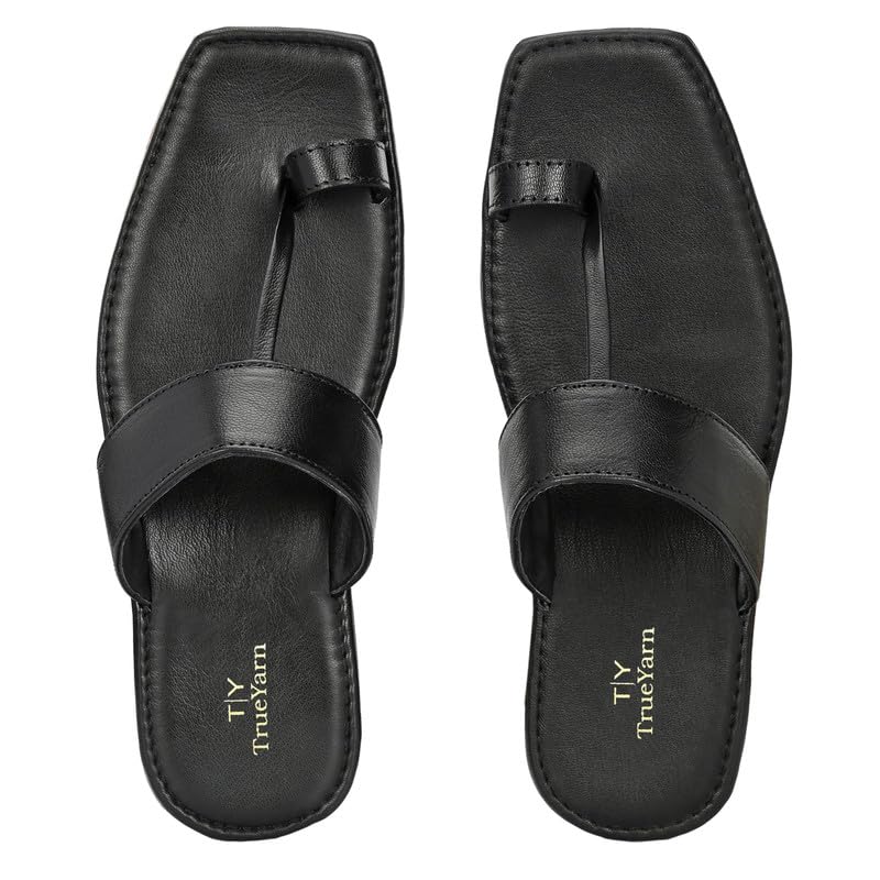 TrueYarn Genuine Leather Kolhapuri Chappals For Men | Thong Sandals for Men | Leather Slippers for Men | Stylish & Comfortable | UK-6 (BLACK) (B0CQXX8S4R) Amazon Price History, Amazon Price Tracker
