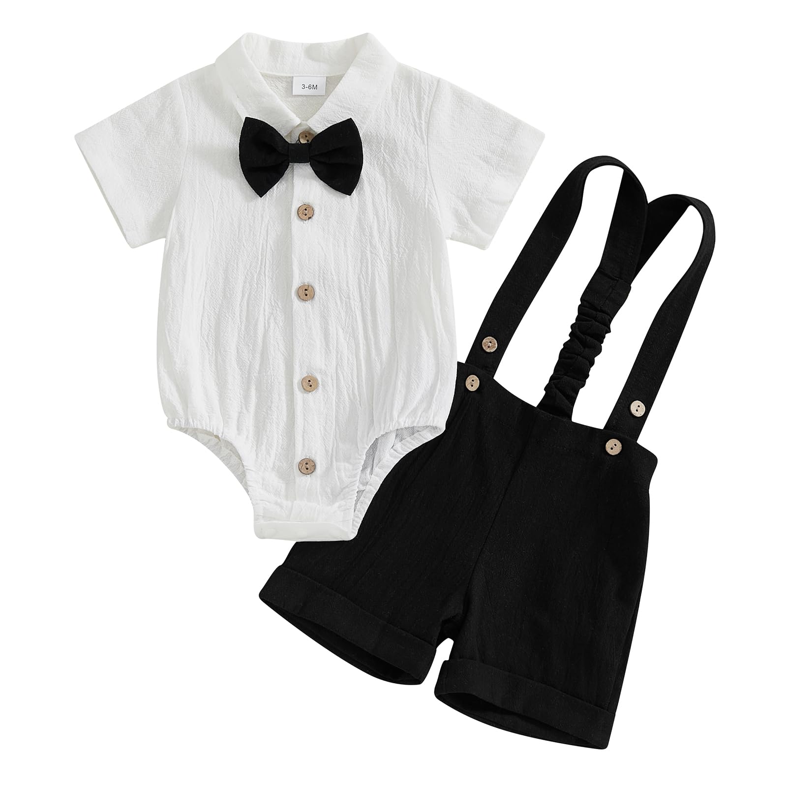 GOOCHEER Newborn Baby Boy Gentleman Outfit Suit Short Sleeve Bowtie Romper Jumpsuit Suspender Shorts Set Summer Dress Clothes (Black, 6-9 Months)