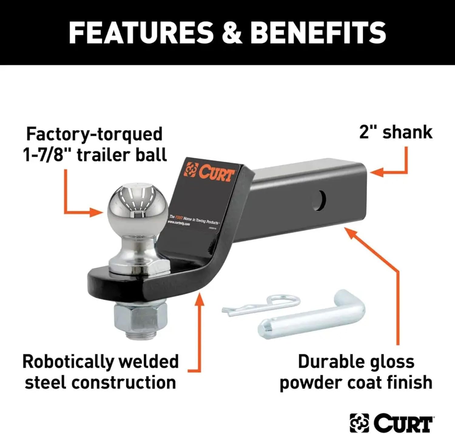 CURT Class 3 Trailer Hitch 2" Receiver, Custom Wiring Connector, and Loaded Ball Mount with 1-7/8" Ball fits 2007-2011 CR-V | Resists Rust, Chipping, and UV | Includes Installation Hardware