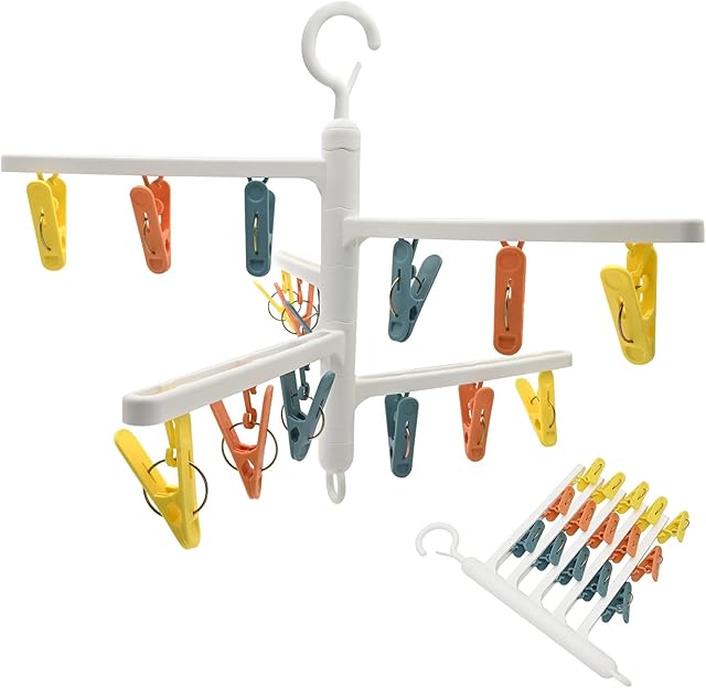 Yibang Folding Sock Dryer, 15 Peg Foldable Clips Drying Rack Indoor Sock Dryer Wind-proof Clothes Hanger Rack Hanging Dryer Laundry Airer for Socks Underwear Shoe Insoles Baby Clothes Gloves (White)