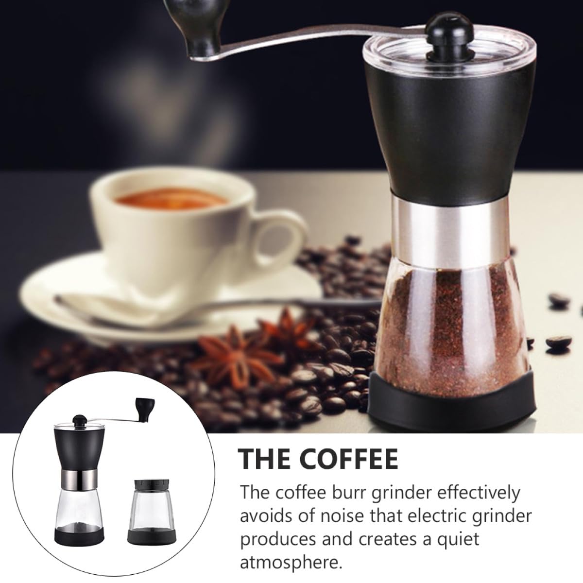 Molinillo de Café Manual Recipiente de Vidrio y Muelas Cerámicas, Silencioso y Ecológico, Adecuado para Granos Cocina o Viajes