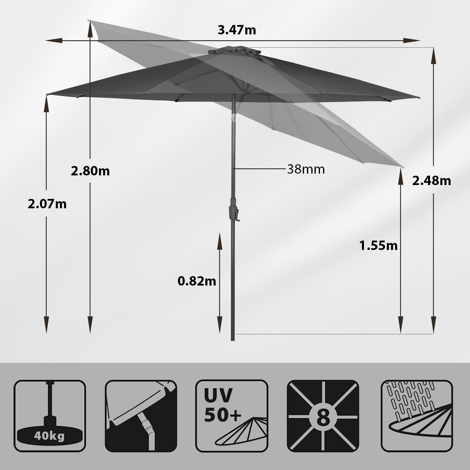 Sekey 350cm Sonnenschirm mit Kurbel und Auto Kippen, Marktschirm für Terrasse, Balkon & Garten, Windfest Stabil UPF 50+, Grau, Rund