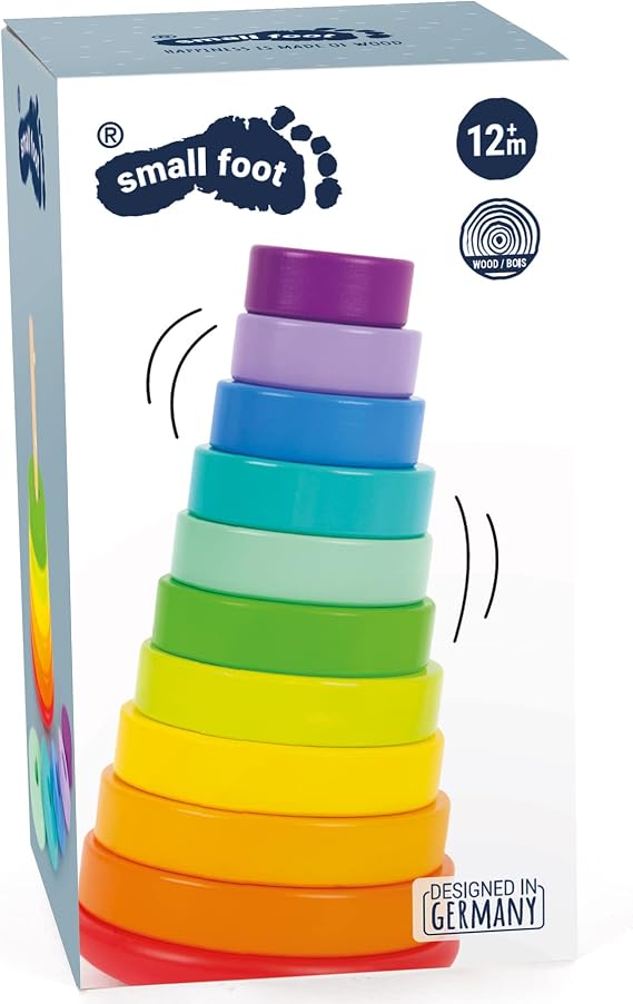 Wooden Large Rainbow Stacking Tower by Small Foot Babies Learn Hand-Eye Coordination, Patterns and Colors While Developing Fine Motor Skills Classic Educational Game for Toddlers Ages 18+ months