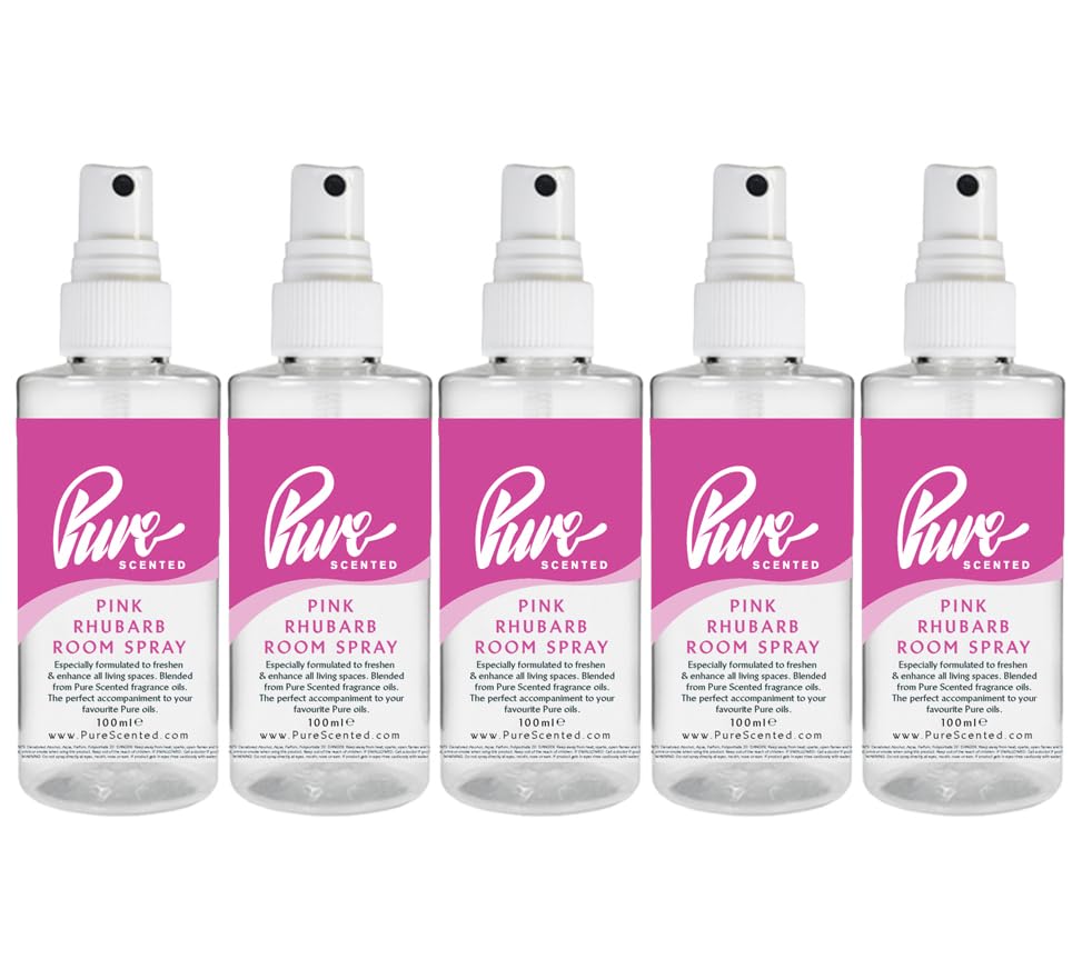"Pure Scented 500ml Room & Fabric Sprays 5 x 100ml Suitable For Home, Car, Caravan, Work, Gym Bags, Odour Eliminators (5 x 100ml, Pink Rhubarb)"