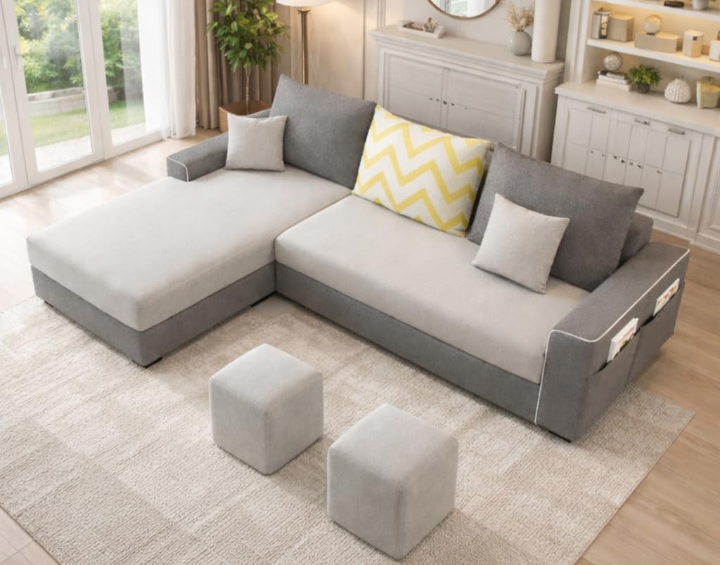 Afie LHS 4 Seater L-Shape Sofa Set with 2 Puffy for Living Room (Grey & Dark Grey Colour) Premium Fabric Sofa Set for Living Room-image-46