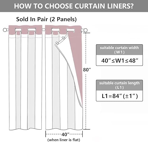 Miniatura 8 de Simplebrand 100% Blackout Curtain Liner for Living Room, Thermal Insulated Blackout Liners for 84 Inch Behind Curtains, 2 Liners Per Set with 14