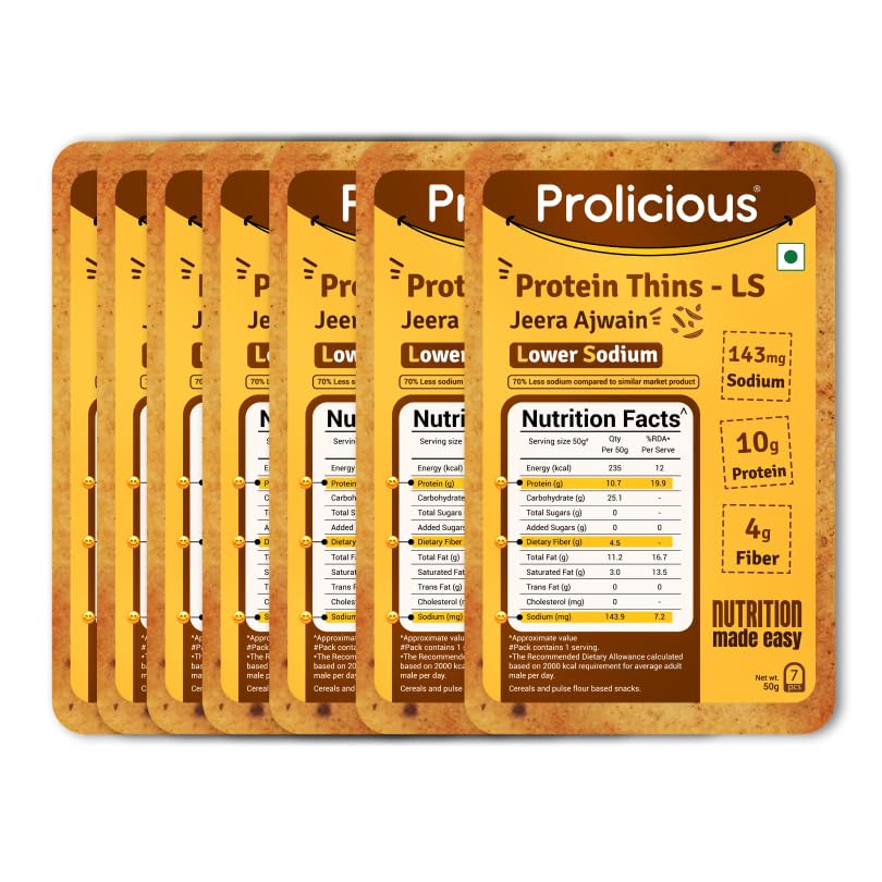 Image of Prolicious High Protein High Fiber Jeera Ajwain Thins| No Plam Oil |Low Salt | Ideal for weightloss & PCOS | Healthy Snack | 50g each, Pack of 7