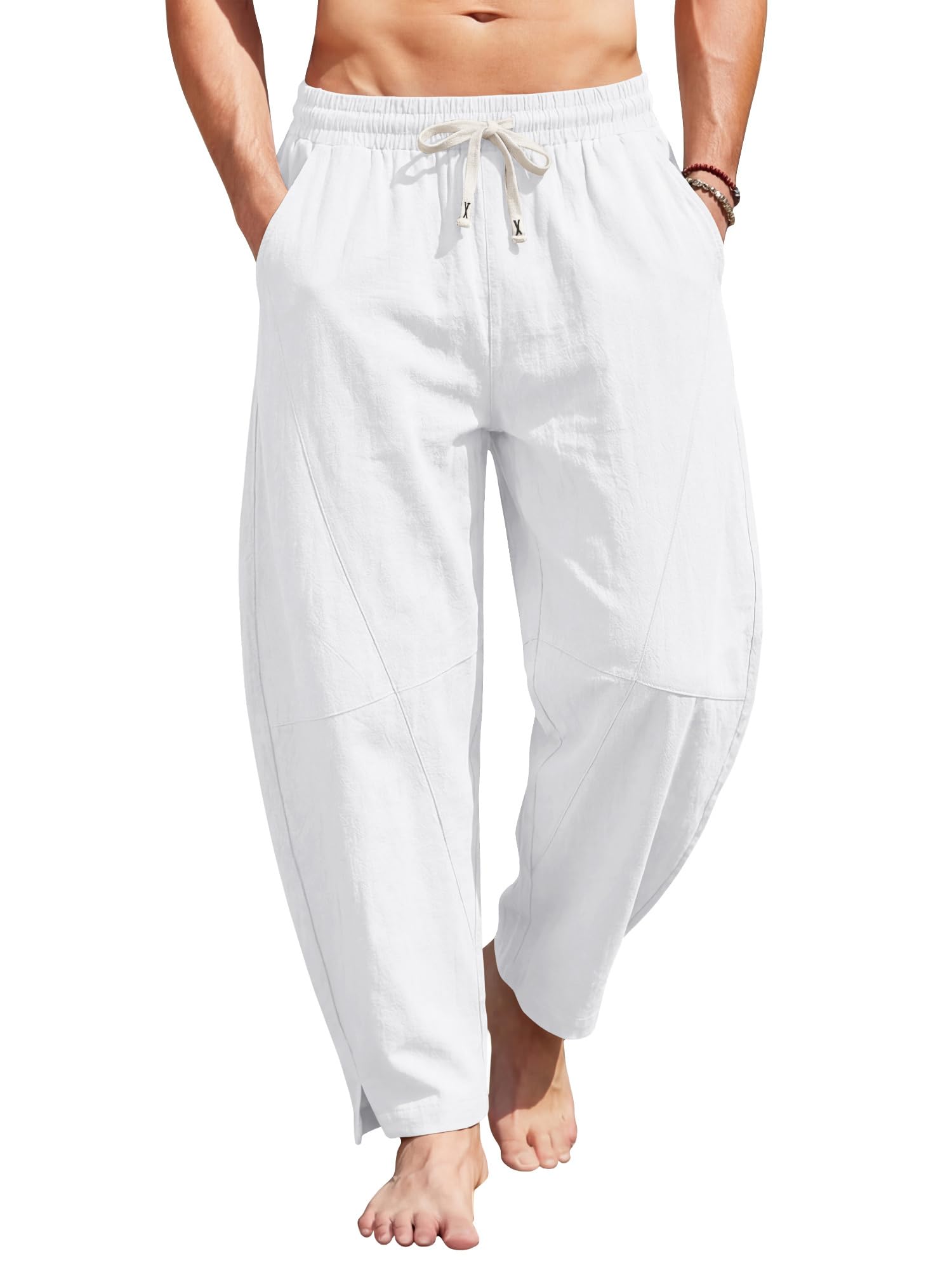 Mens Linen Pants Casual Harem Pants Lightweight Summer Beach Pants Drawstring Vacation Yoga Trousers with Pockets