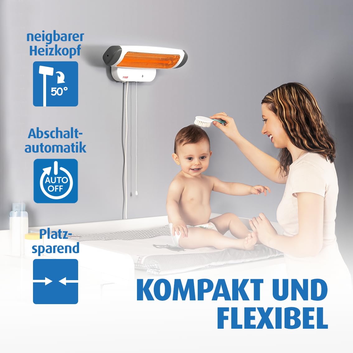 reer Wickeltischstrahler FeelWell, Heizstrahler zur Wandmontage, 2 Heizstufen, Timer, geprüft nach Medizinstandard