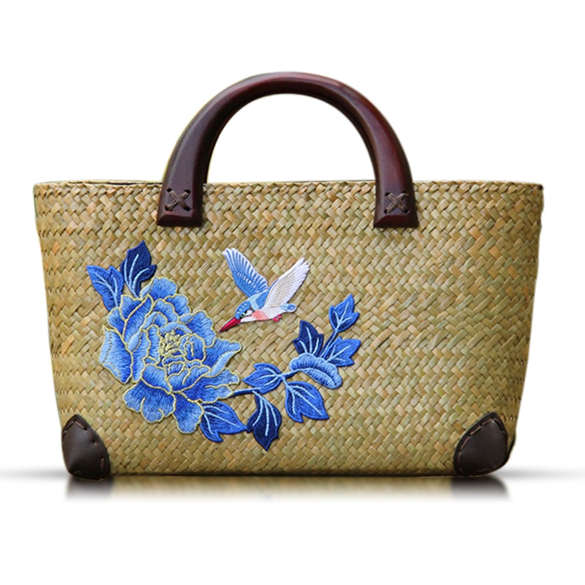 Beach Bag for Women Straw Bag Embroidered Handbag Boho Handmade Rattan Bag Square Wooden Handle Summer Tote Bag