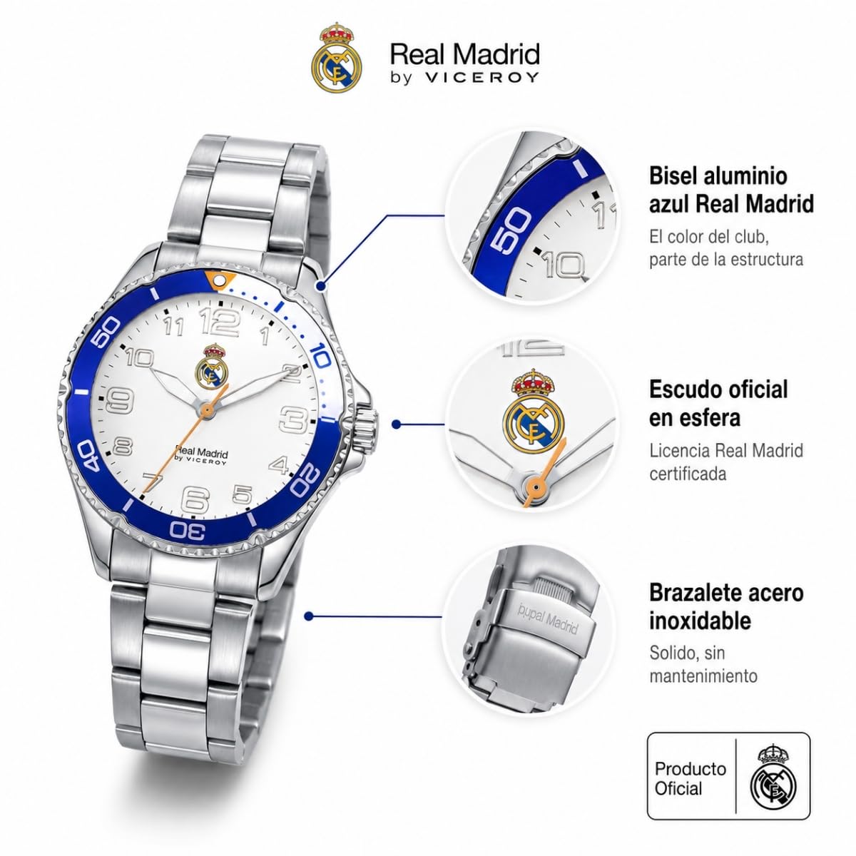Viceroy Reloj Oficial Real Madrid para Mujer de Acero Inoxidable - Movimiento de Cuarzo - Esfera Blanca - Resistente al Agua 10 ATM - Cadete