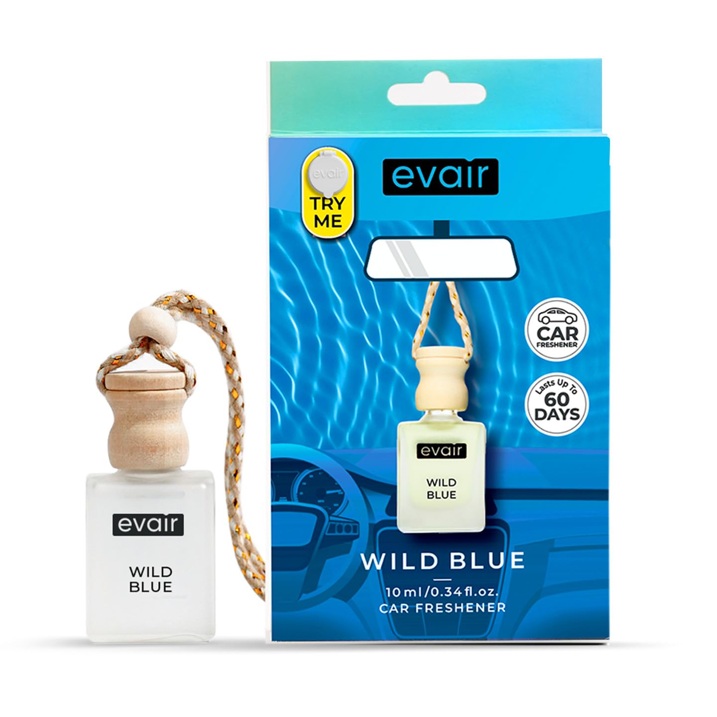 Evair WILD BLUE Luxury Car Air Freshener | Fresh Aqua Essential Oil Hanging Car Perfume | Long Lasting Car Fragrance Diffuser | Premium Car Scent Hanging Pod | Glass Bottle Wooden Diffuser | 10ml