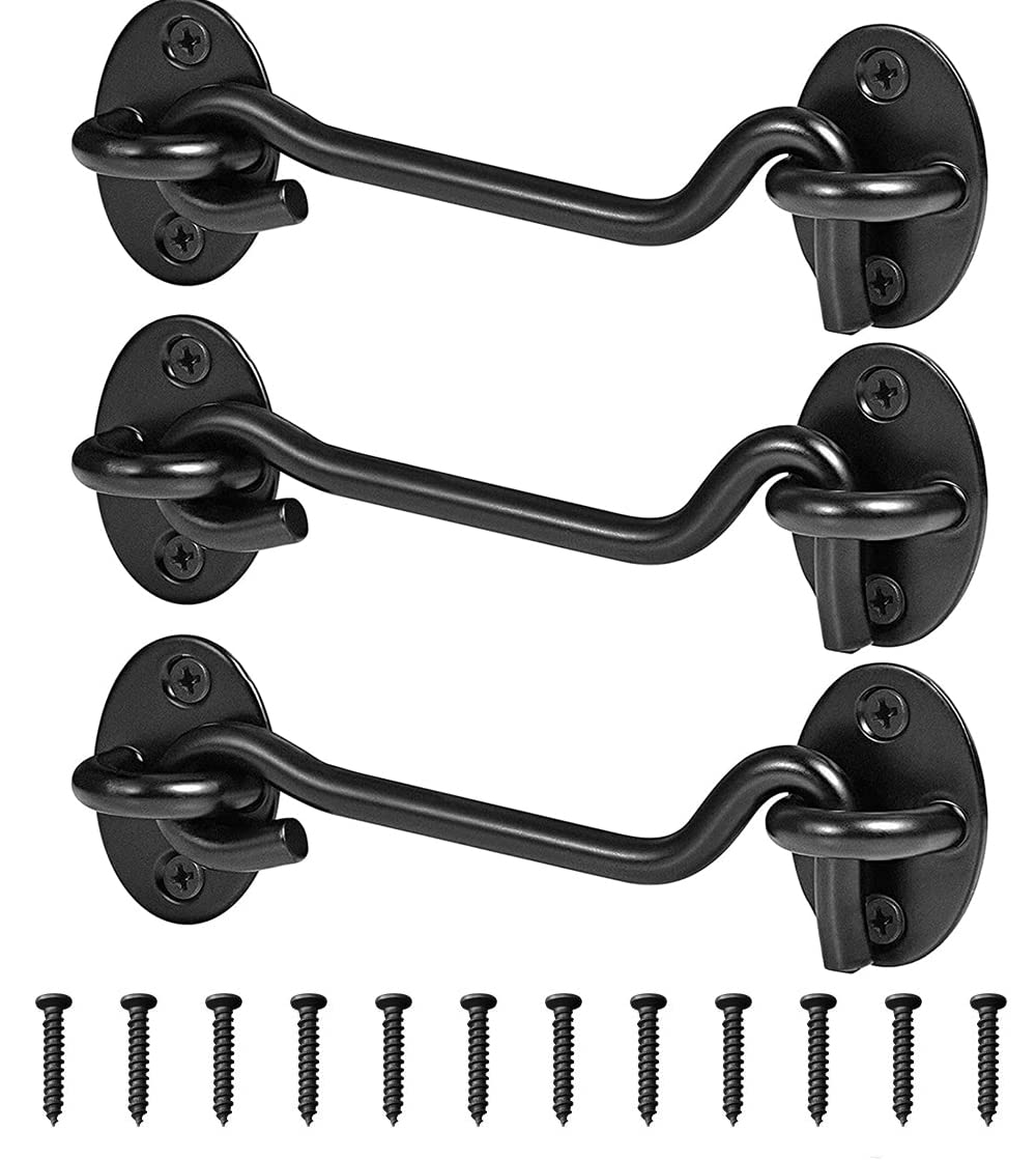 DELFINO 3Pack Privacy Hook and Eye Latch Door Latch 4” for Upgrade Heavy Duty Barn Door Lock, Gate Latch, Cabin Hooks with mounting Screw, Best for Sliding Door, Bathroom, Window (Black)