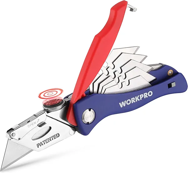WORKPRO Folding Utility Knife, Quick-Change Box Cutter, Blade Storage in Handle with 5 Extra Blades Included