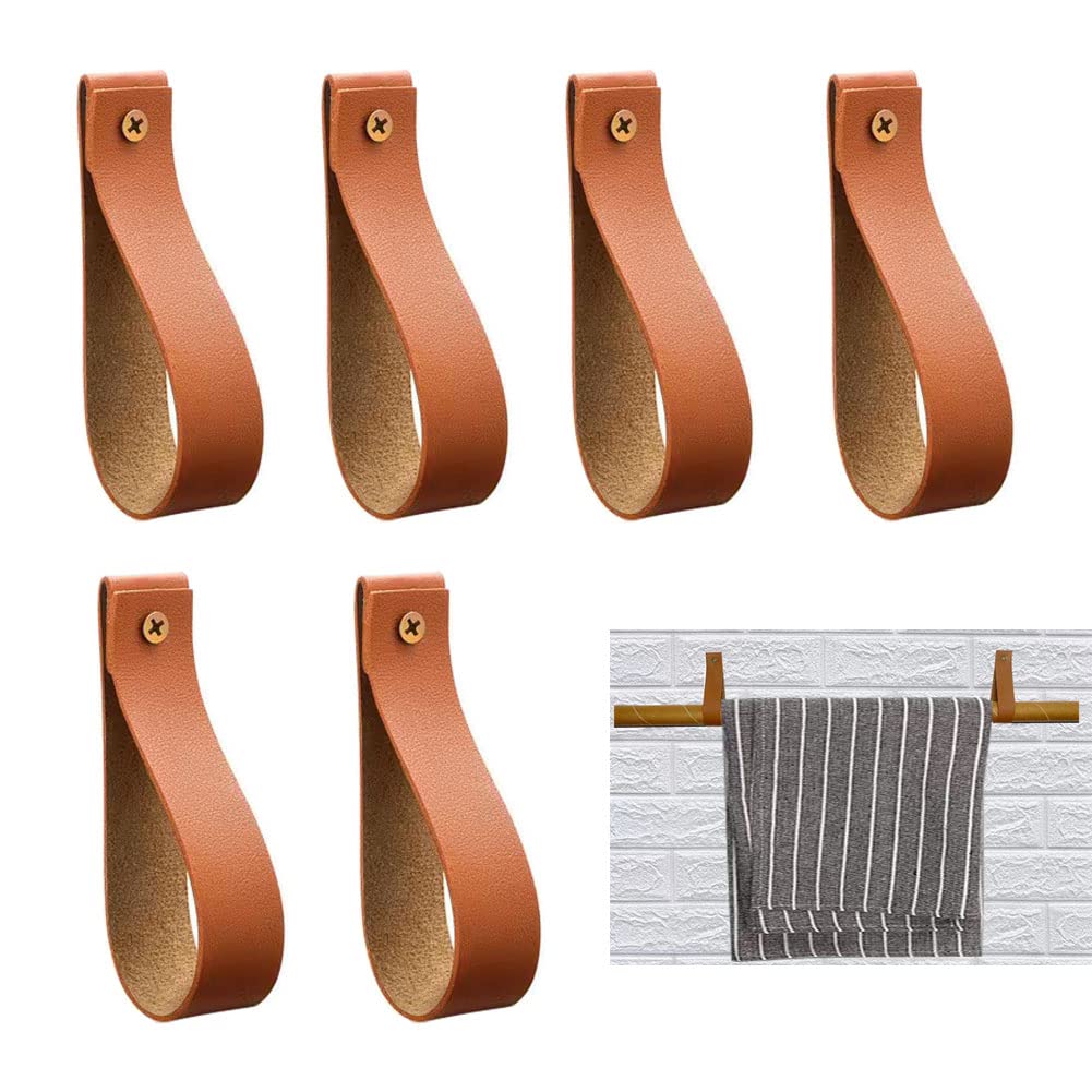 Sutfmwe PU Leather Wall Hooks, Faux Leather Straps for Boho Pole Wall Blanket Towel Decor Oar Horizontal Paddle Display Strap Hangers DIY 6 Pcs (Brown 6)
