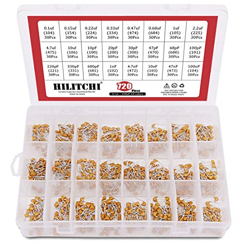 Hilitchi 720-Pcs 0.1uF-100nF 24 Value DIP Monolithic Multilayer Ceramic Chip Capacitors Assortment Kit