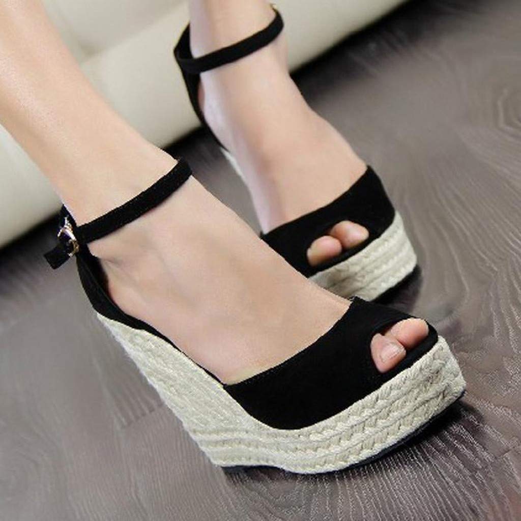 2019 Verano Sandalias Romanas Mujer, Zapato Peep-Toe Con Plataforma Cuña Alpargatas Zapatillas De Boda Fiesta Sandalias De Vestir De Talla Grande 33-44 EU(Negro