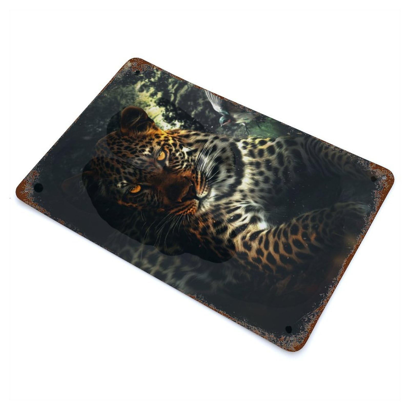 Leopard And The Bird Rustic Tin Plaque 11.8"x7.9", Ideal for Shed, Workshop And Garage Wall Decor