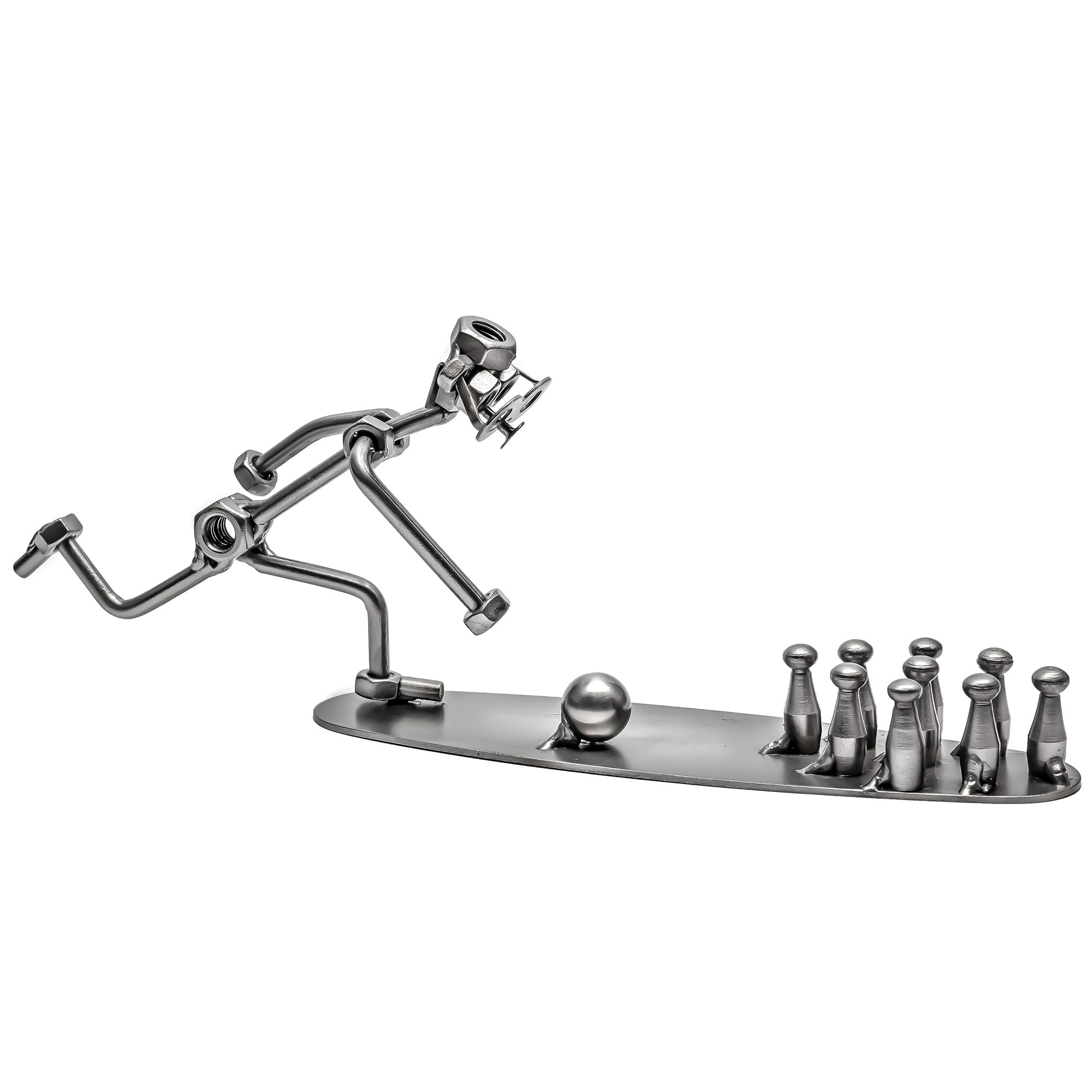 STEEMO Original Schraubenmännchen Figur: Kegeln – Handgefertigte Metall-Deko aus Stahl, kreative Kegel-Skulptur und Geschenkidee für Kegler & Bowling-Fans, 31x6x12 cm