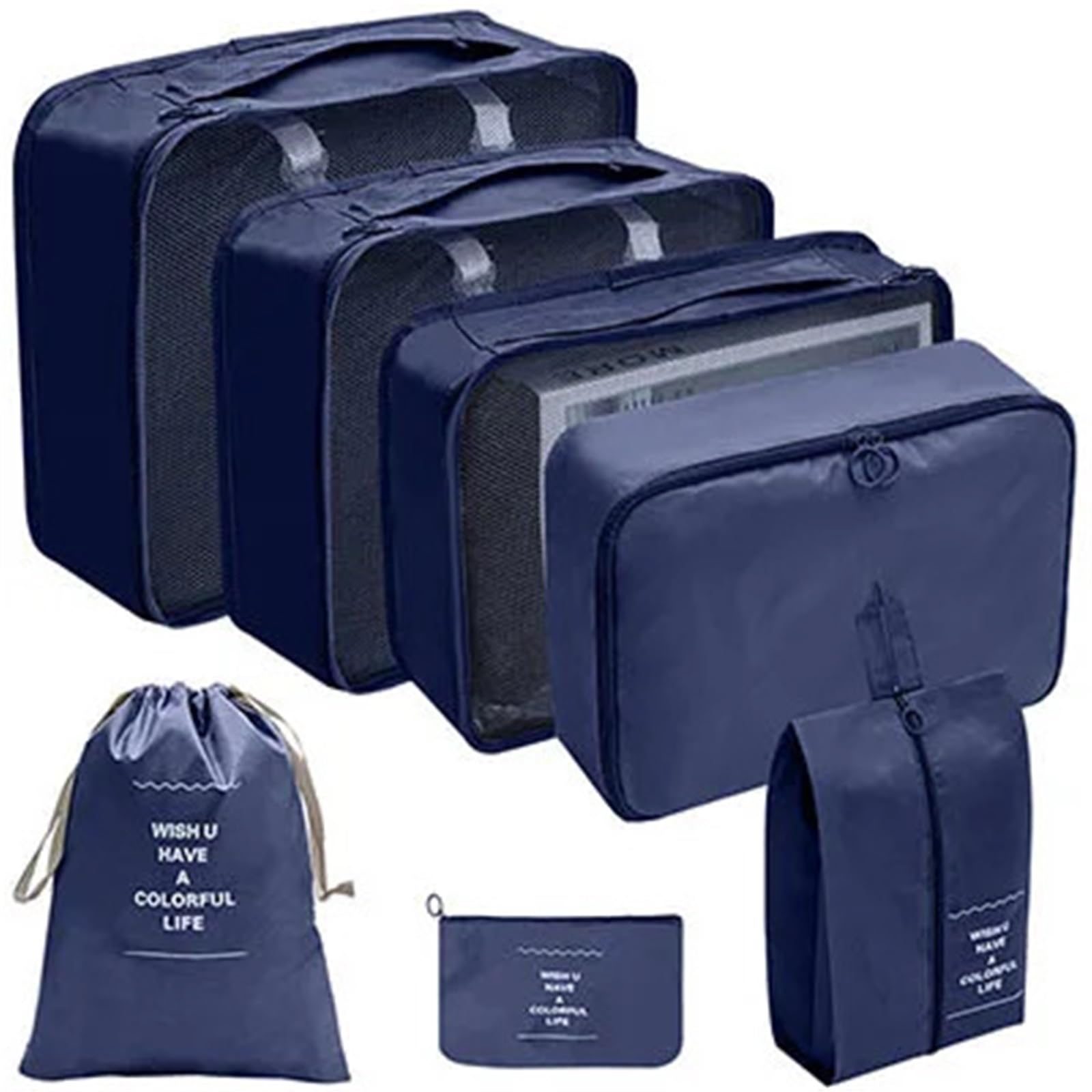 BHOUTY 7pcs Travel Storage Bag Suitcase Luggage Clothes Sorting Organizer Set Portable Wardrobe Shoe Pouch(7pcs dark blue)