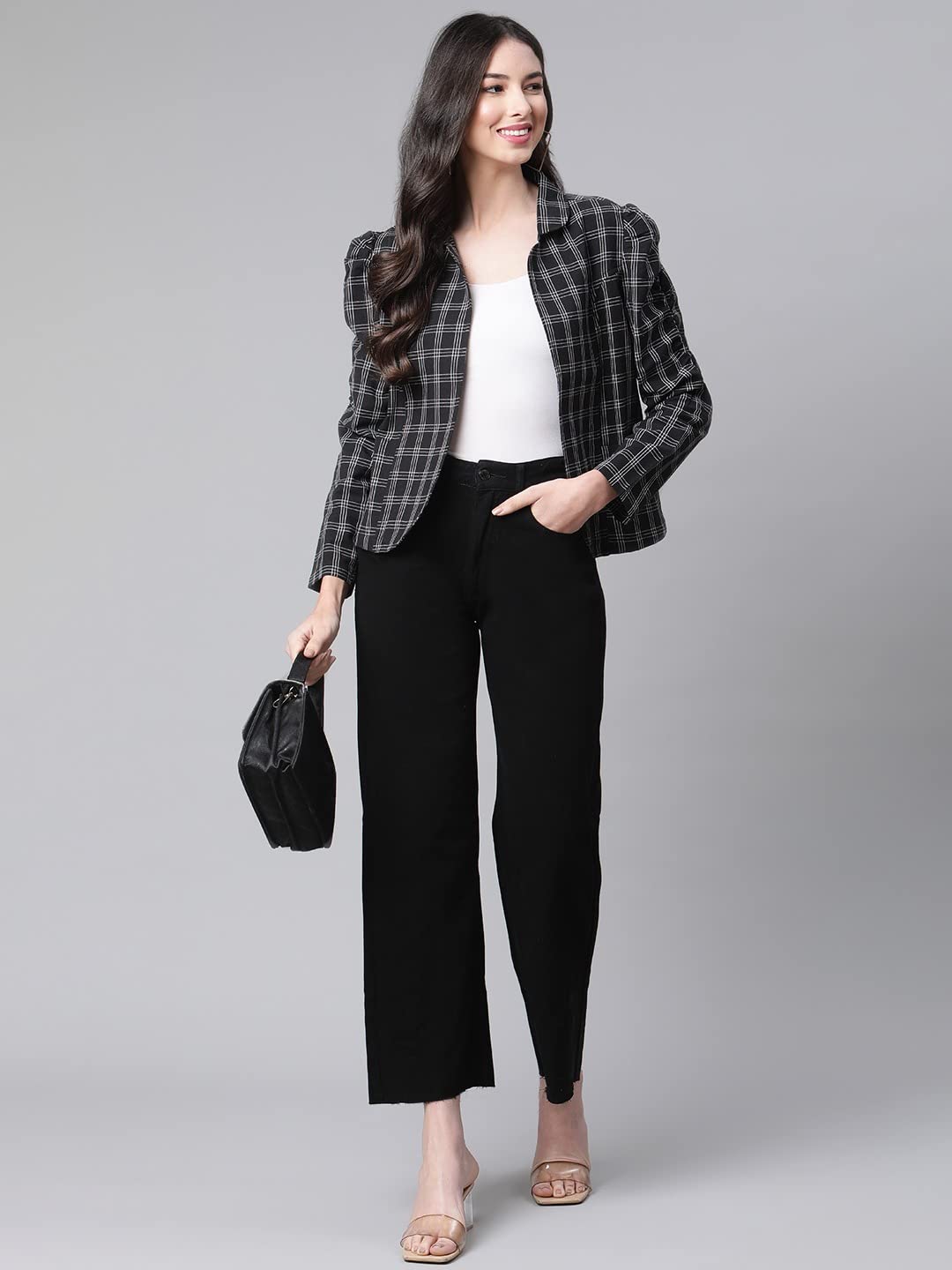Cottinfab Women Black White Pure Cotton Checked Tailored Jacket 4