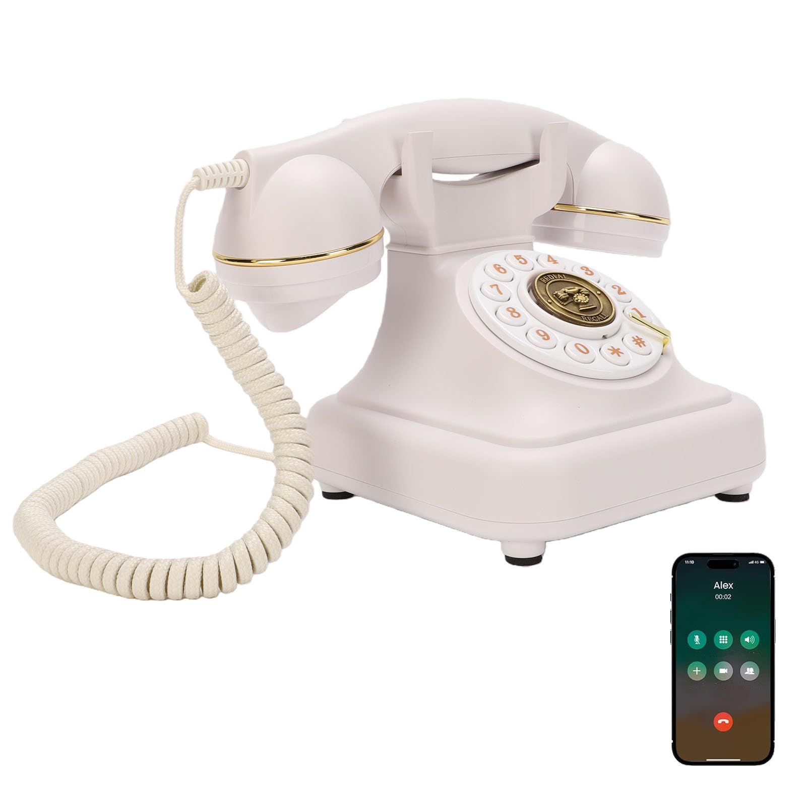 Telefono fisso Bluetooth in stile retrò, telefono wireless per smartphone con vivavoce, telefono da scrivania vintage bianco e lettore musicale, ricaricabile tramite USB