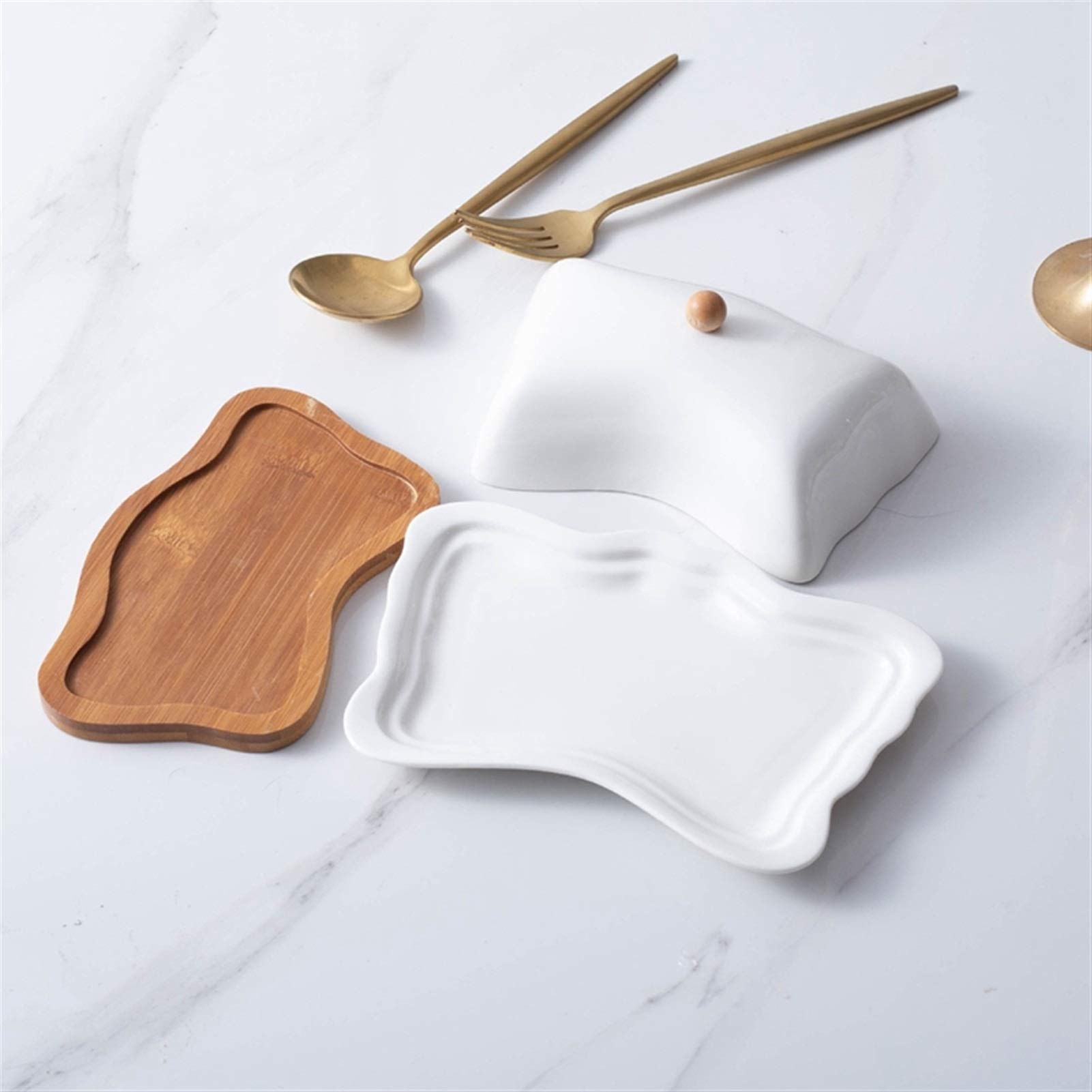 Butterteller für Arbeitsplatte Keramik Buttergericht mit Deckel - Holzboden Butter Keeper Küche Margarine Halter Käse Aufbewahrungstablett Butter Behälter (weiß) Butterbehälter, Butterspeicherung